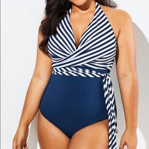 Fashion Faux Wrap Halter One Piece Swimsuit